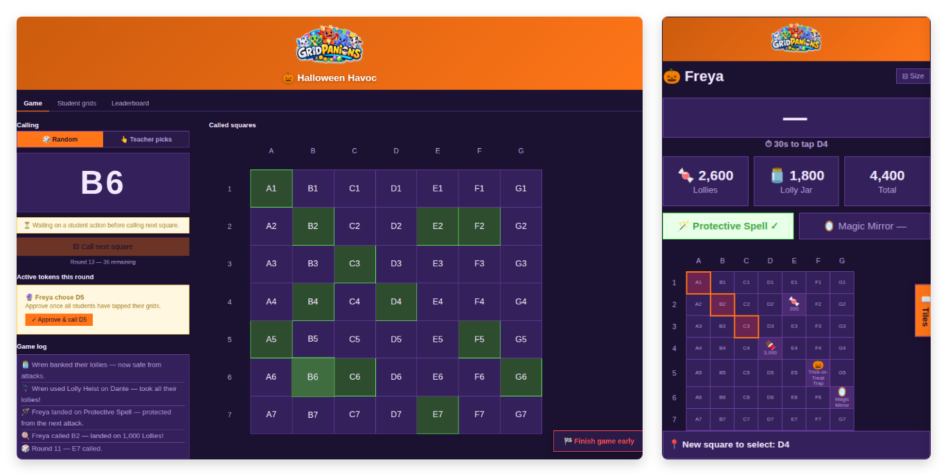 Halloween Havoc theme mid-round — teacher screen with called squares and game log alongside a student's own grid, lollies and lolly jar totals, and a held Protective Spell power-up