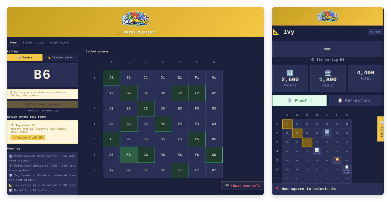 Maths Mission theme mid-round — teacher screen with called squares and game log alongside a student's own grid, points and vault totals, and a held Proof power-up