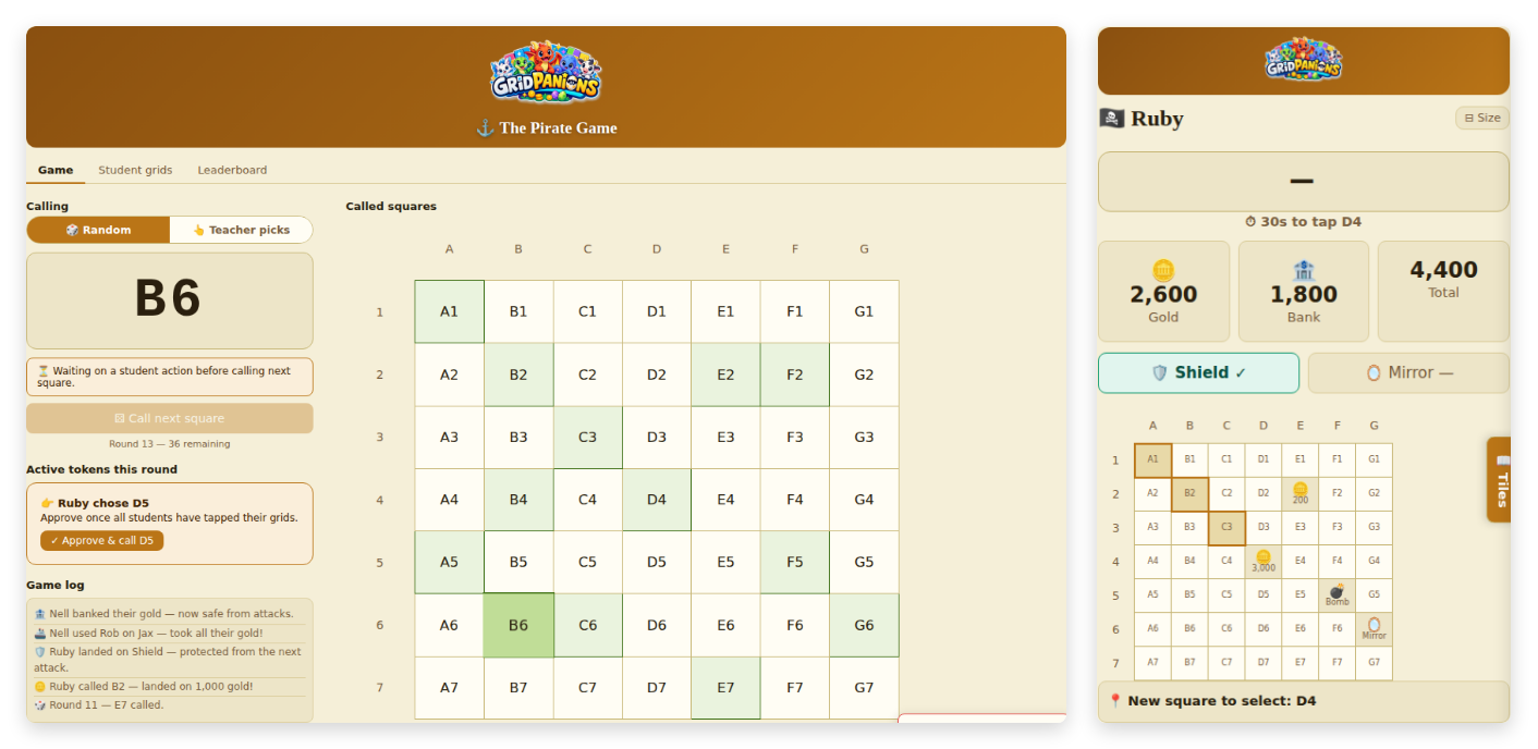 The Pirate Game mid-round — teacher screen with called squares and game log alongside a student's own grid, gold and bank totals, and a held Shield power-up