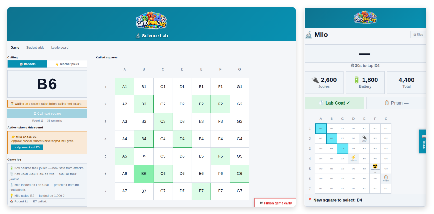 Science Lab theme mid-round — teacher screen with called squares and game log alongside a student's own grid, joules and battery totals, and a held Lab Coat power-up