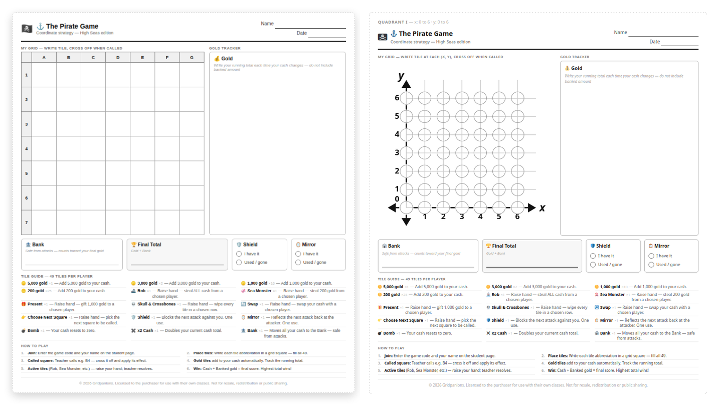 Printable worksheet pages — a lettered grid-reference page and a Cartesian-plane page, each with a tile guide, cash tracker and how-to-play steps