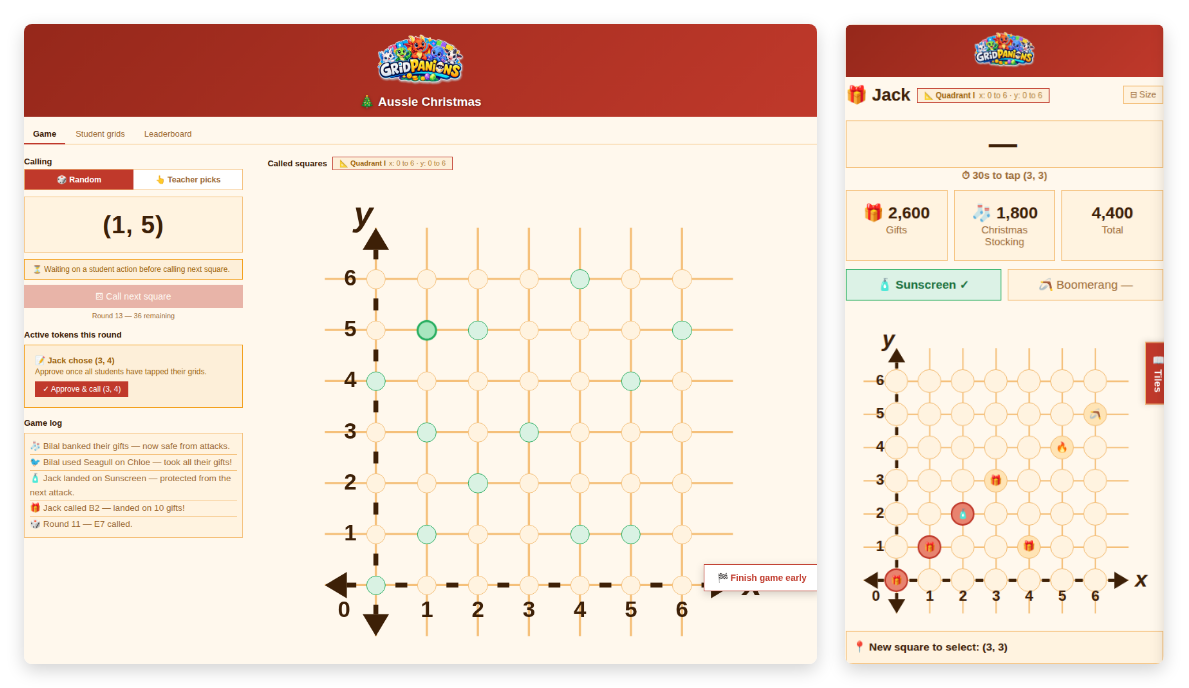 Aussie Christmas theme mid-round in Cartesian coordinate mode — teacher screen plotting (x, y) points on a plane alongside a student's own Cartesian grid, gifts and stocking totals, and a held Sunscreen power-up